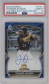 Termarr Johnson from the 2023 Bowman  set featuring a Blue Lunar Crater Refractor parallel graded by PSA and given an overall grade of 10.