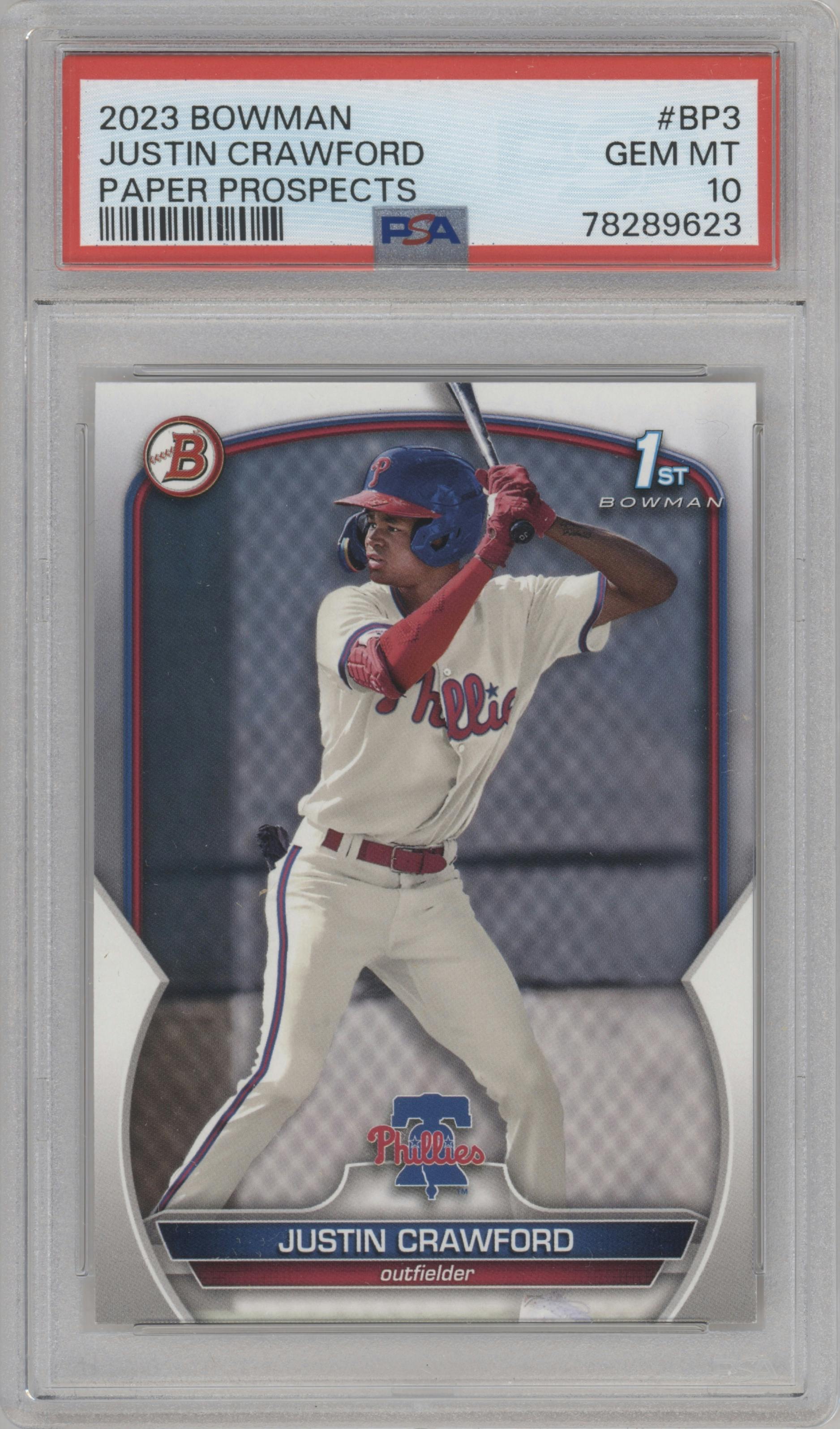 Justin Crawford from the 2023 Bowman  set graded by PSA and given an overall grade of 10.