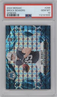Brock Bowers from the 2024 Panini Mosaic set featuring a Genesis parallel graded by PSA and given an overall grade of 10.