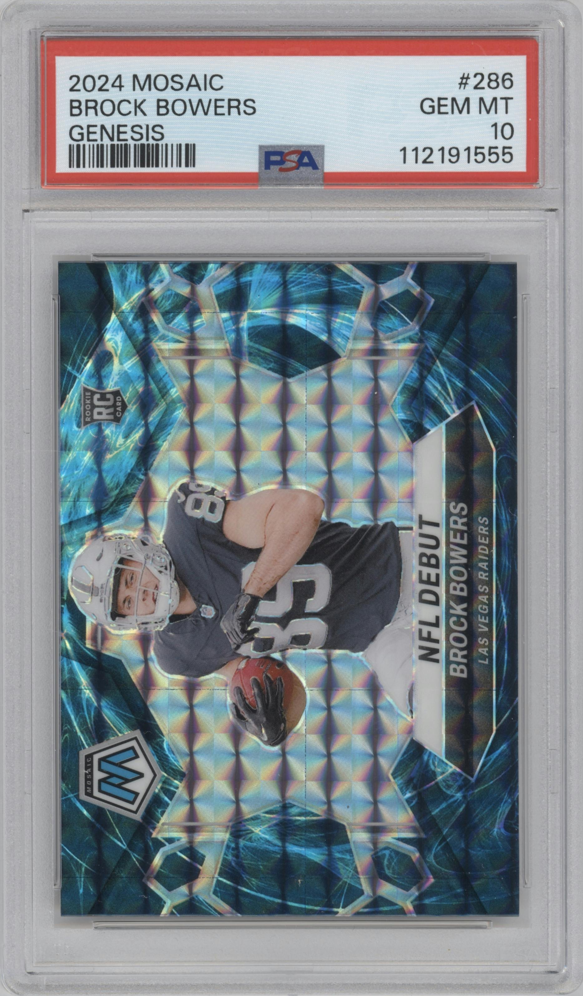 Brock Bowers from the 2024 Panini Mosaic set featuring a Genesis parallel graded by PSA and given an overall grade of 10.