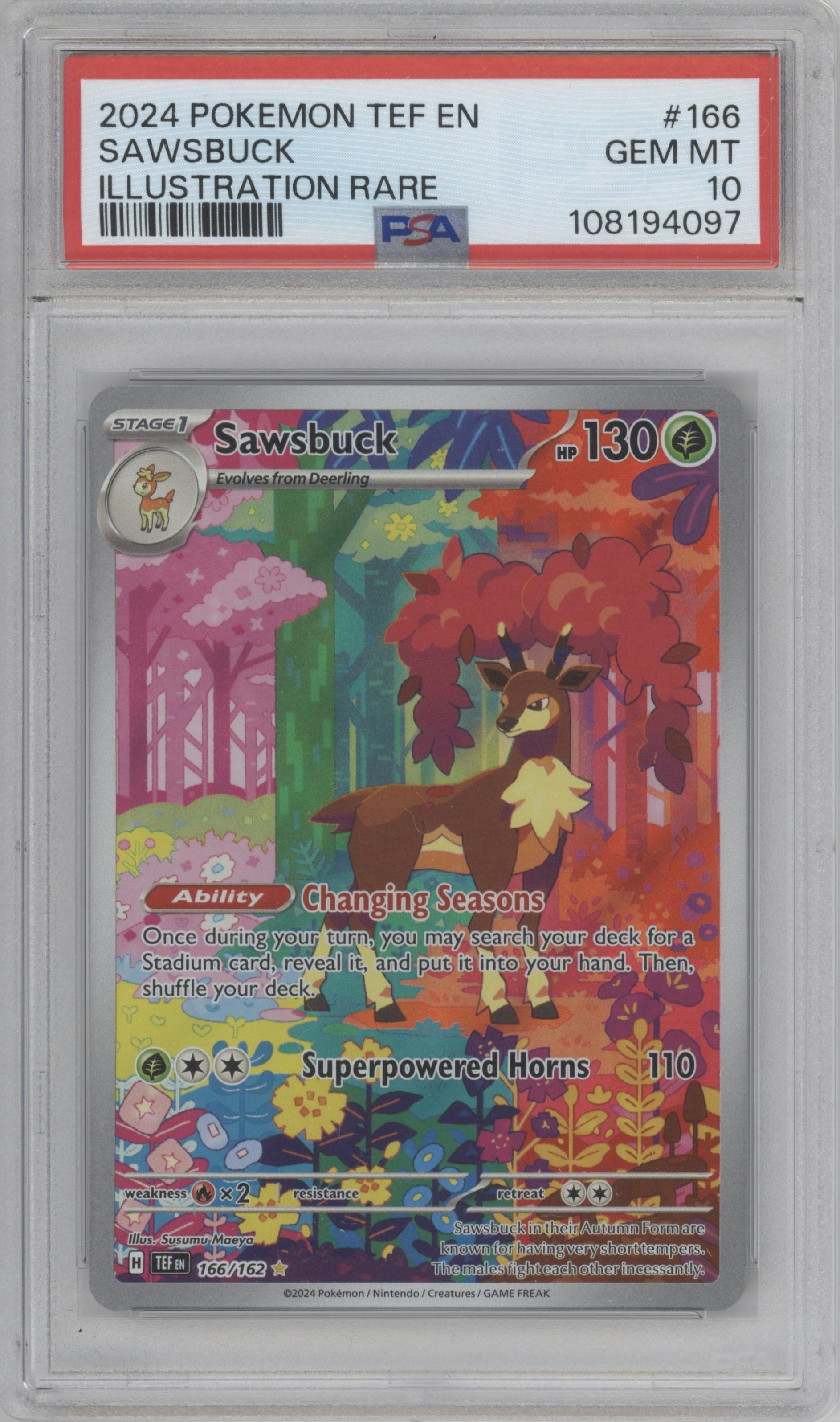 Sawsbuck from the 2024 Pokemon SV set graded by PSA and given an overall grade of 10.
