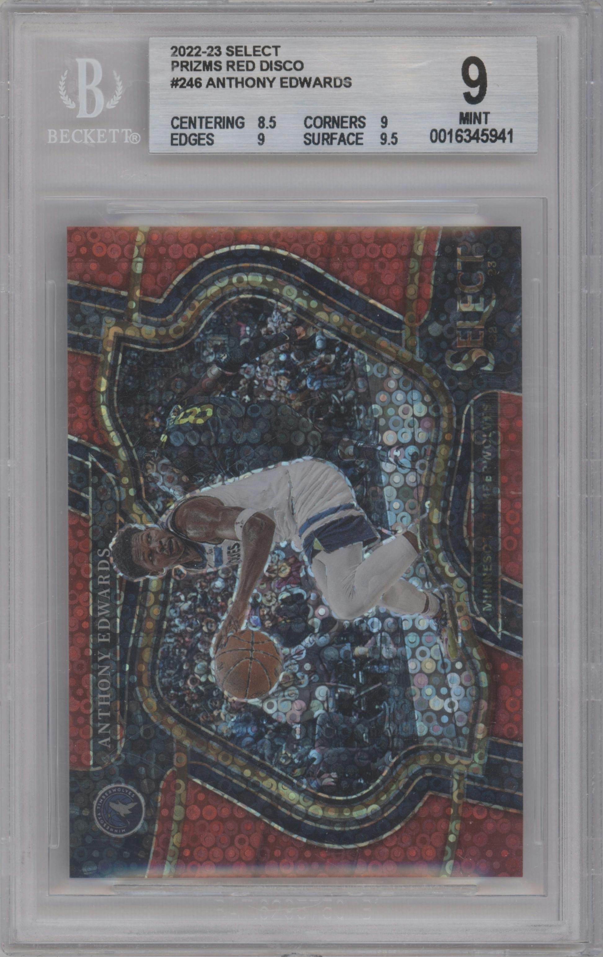Anthony Edwards from the 2022-23 Panini Select set featuring a Disco Red parallel graded by Beckett and given an overall grade of 9.