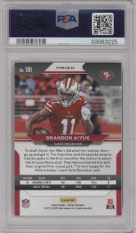 Brandon Aiyuk from the 2020 Panini Prizm set featuring a Disco parallel graded by PSA and given an overall grade of 9.