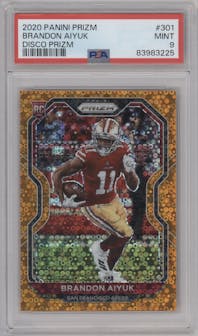 Brandon Aiyuk from the 2020 Panini Prizm set featuring a Disco parallel graded by PSA and given an overall grade of 9.
