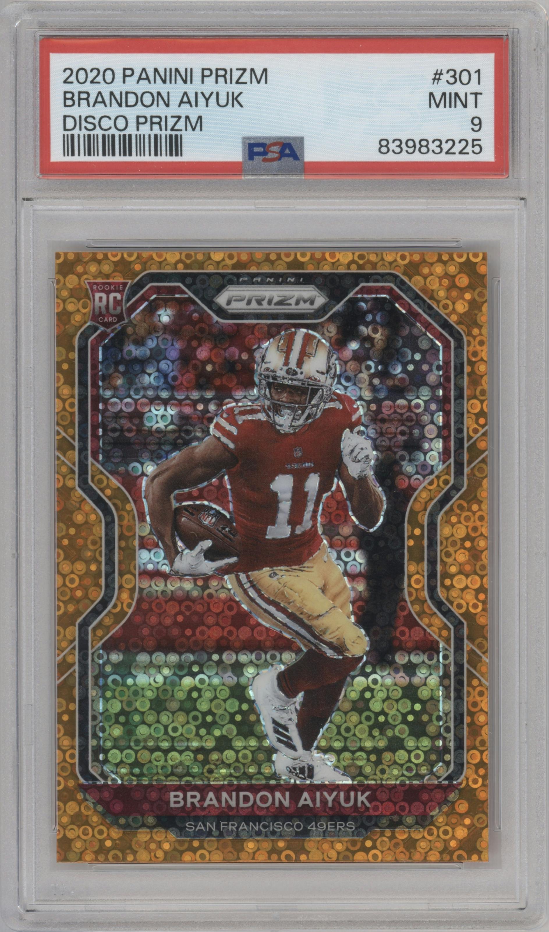 Brandon Aiyuk from the 2020 Panini Prizm set featuring a Disco parallel graded by PSA and given an overall grade of 9.