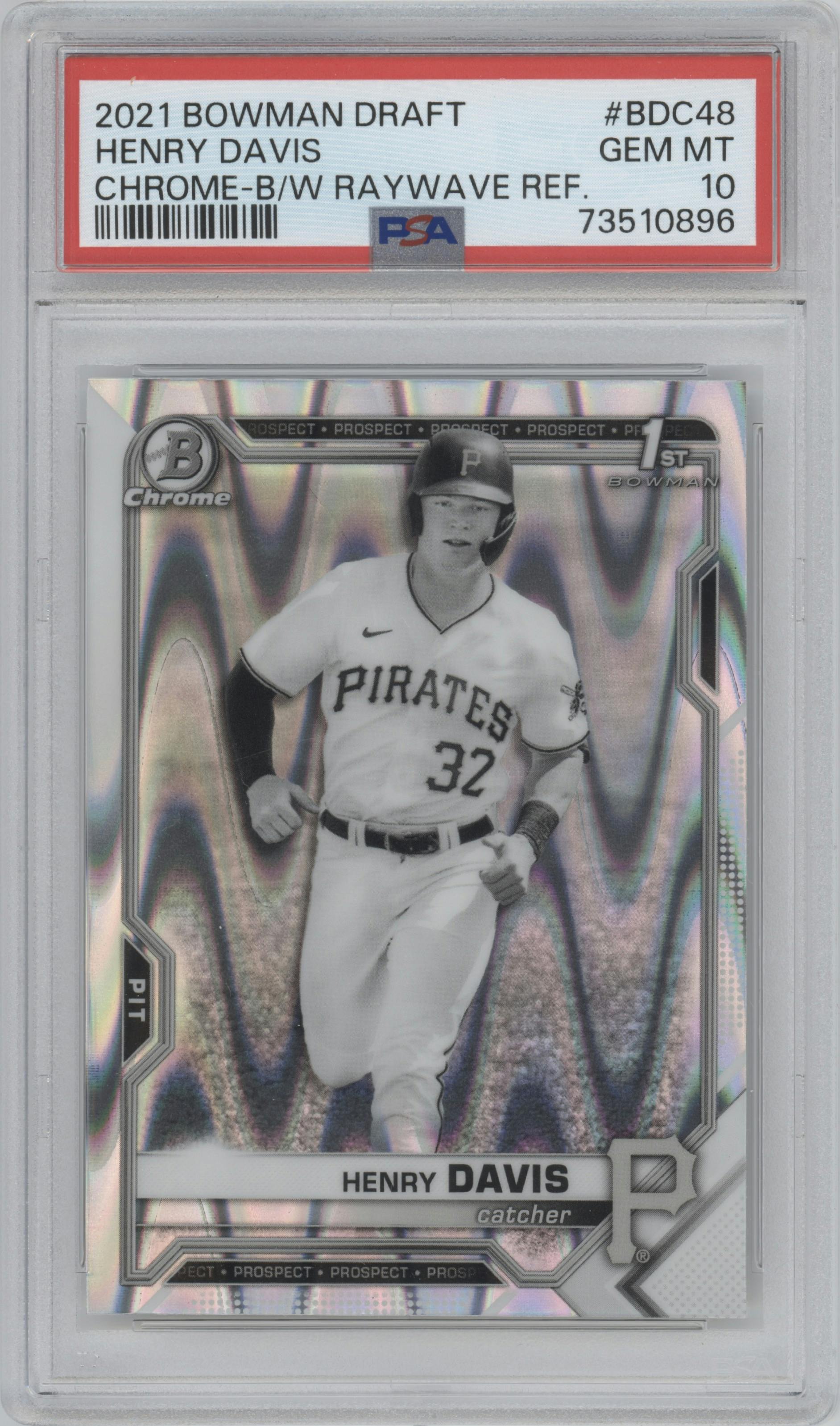 Henry Davis from the 2021 Bowman Draft set featuring a Black & White RayWave Refractor parallel graded by PSA and given an overall grade of 10.
