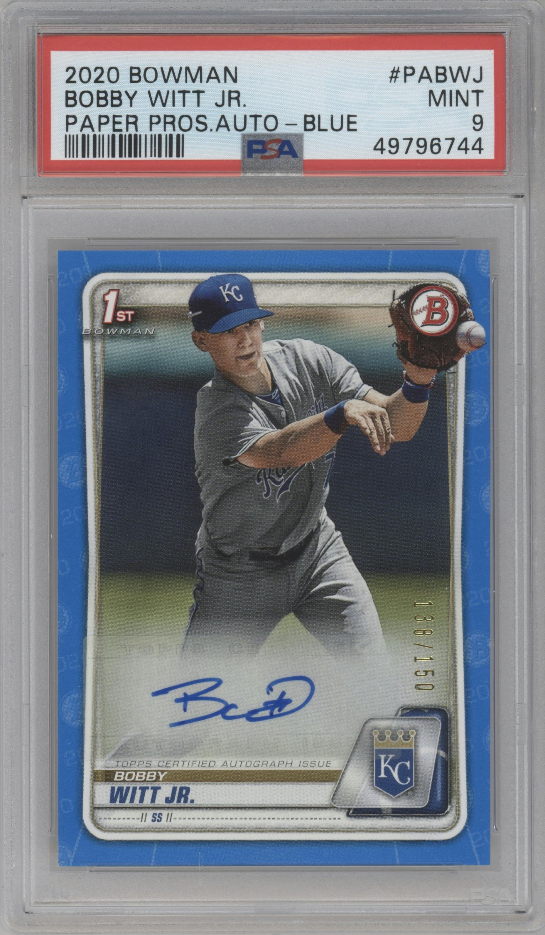 Bobby Witt Jr. from the 2020 Bowman set featuring a Blue parallel graded by PSA and given an overall grade of 9.