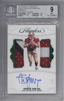 Steve Young from the 2019 Panini Flawless set featuring a Emerald parallel graded by Beckett and given an overall grade of 9.