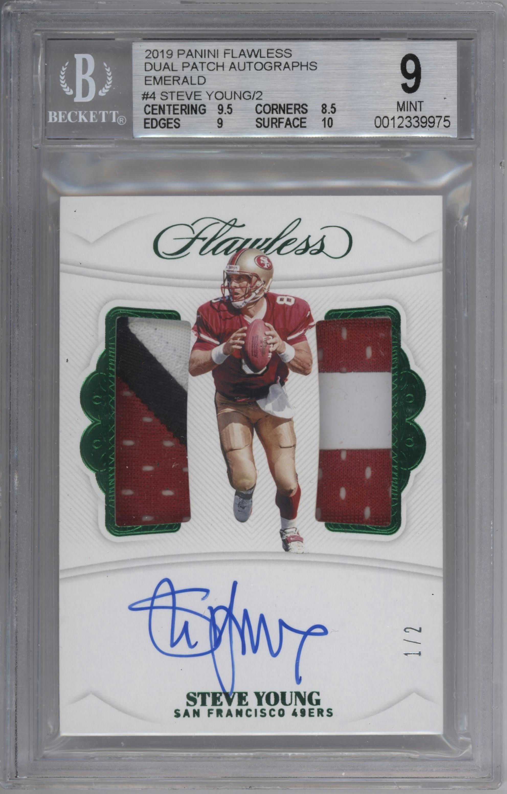 Steve Young from the 2019 Panini Flawless set featuring a Emerald parallel graded by Beckett and given an overall grade of 9.