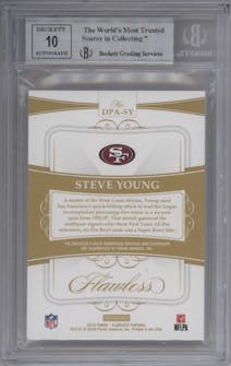 Steve Young from the 2019 Panini Flawless set featuring a Emerald parallel graded by Beckett and given an overall grade of 9.