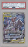 Mewtwo & Mew GX from the 2019 Pokemon S&M  set featuring a Power Partnership Tins parallel graded by PSA and given an overall grade of 10.