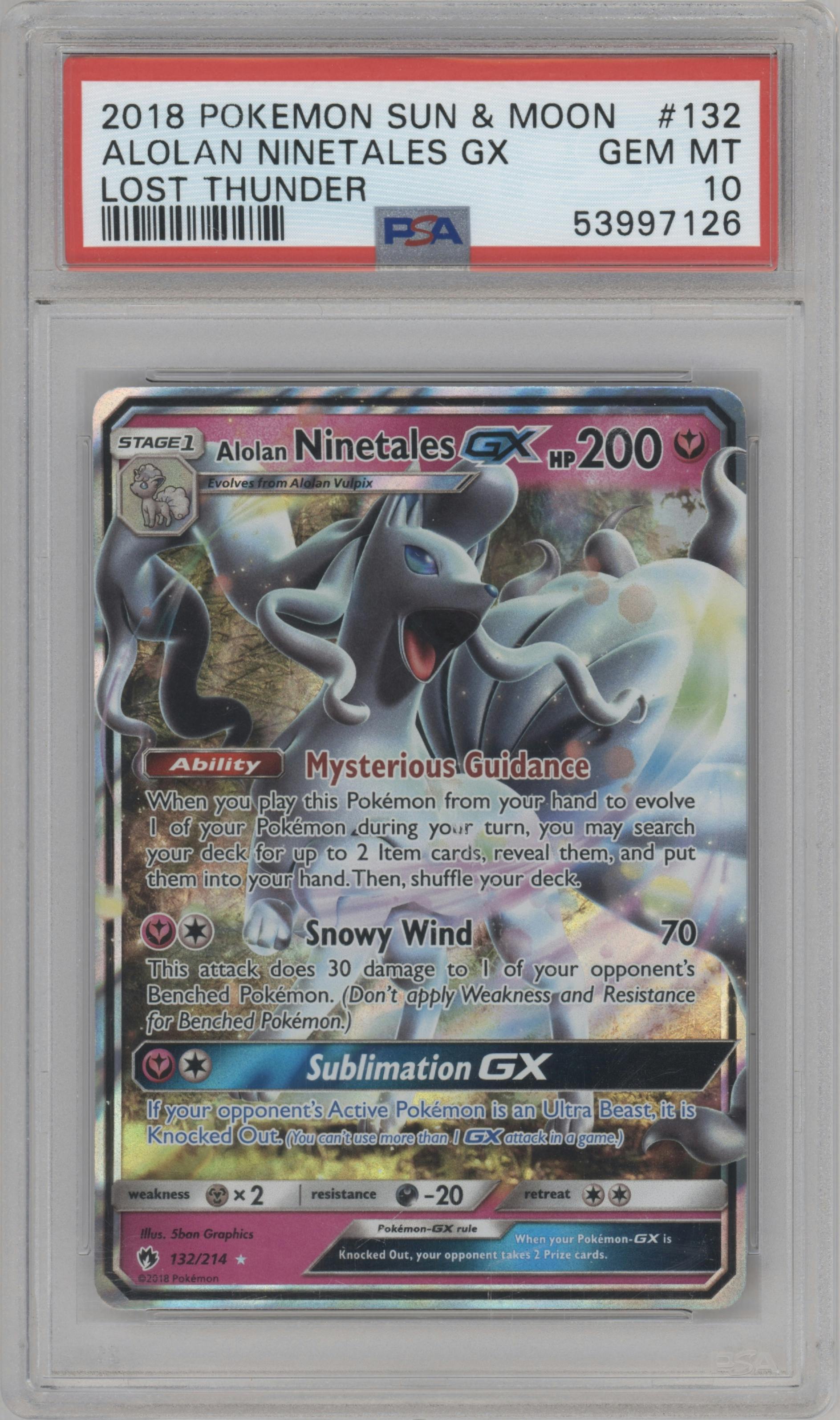 Alolan Ninetales GX from the 2018 Pokemon S&M  set graded by PSA and given an overall grade of 10.