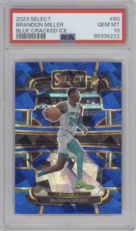 Brandon Miller from the 2023-24 Panini Select  set featuring a Blue Cracked Ice parallel graded by PSA and given an overall grade of 10.