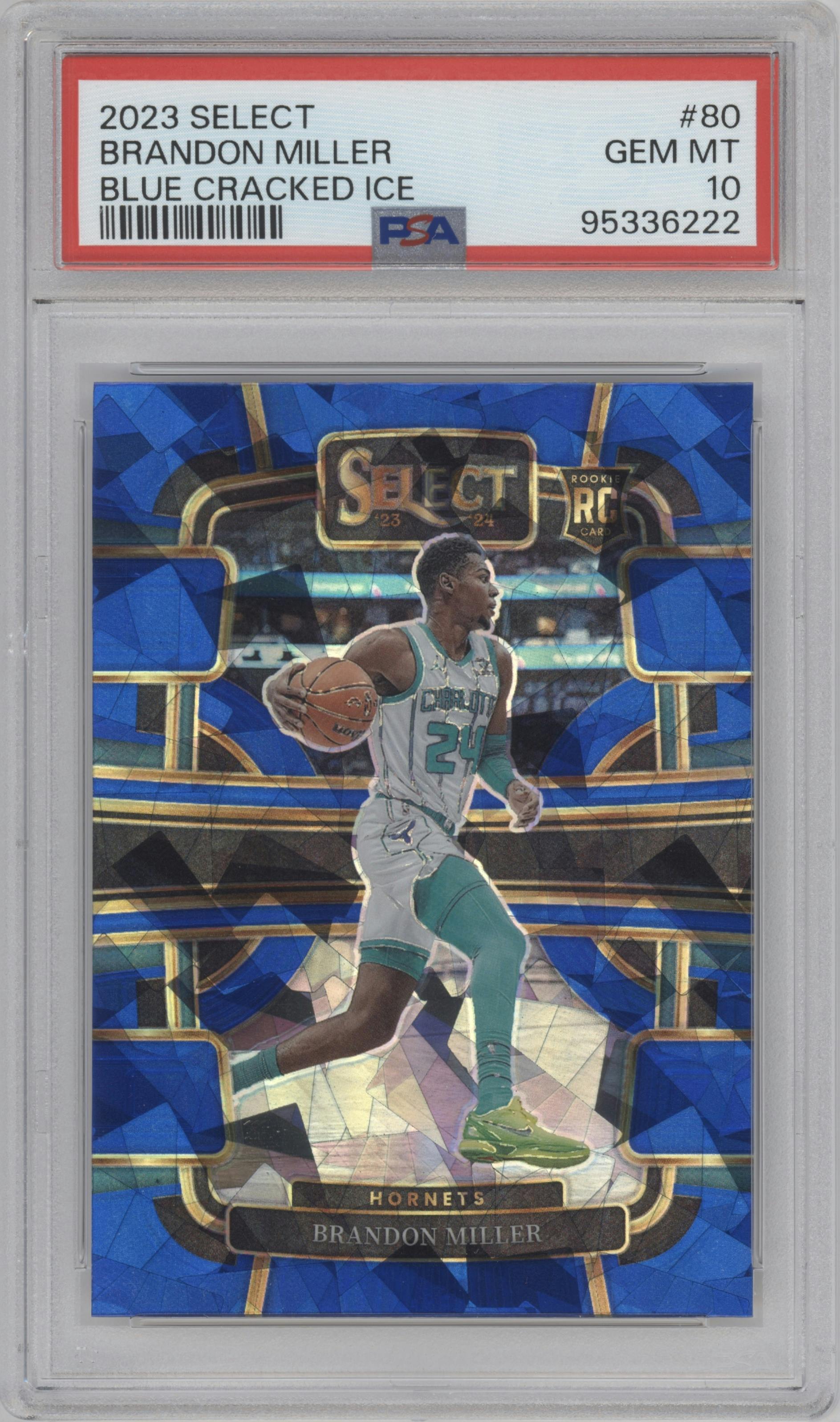 Brandon Miller from the 2023-24 Panini Select  set featuring a Blue Cracked Ice parallel graded by PSA and given an overall grade of 10.