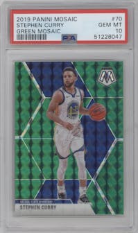 Stephen Curry from the 2019-20 Panini Mosaic  set featuring a Green Mosaic parallel graded by PSA and given an overall grade of 10.