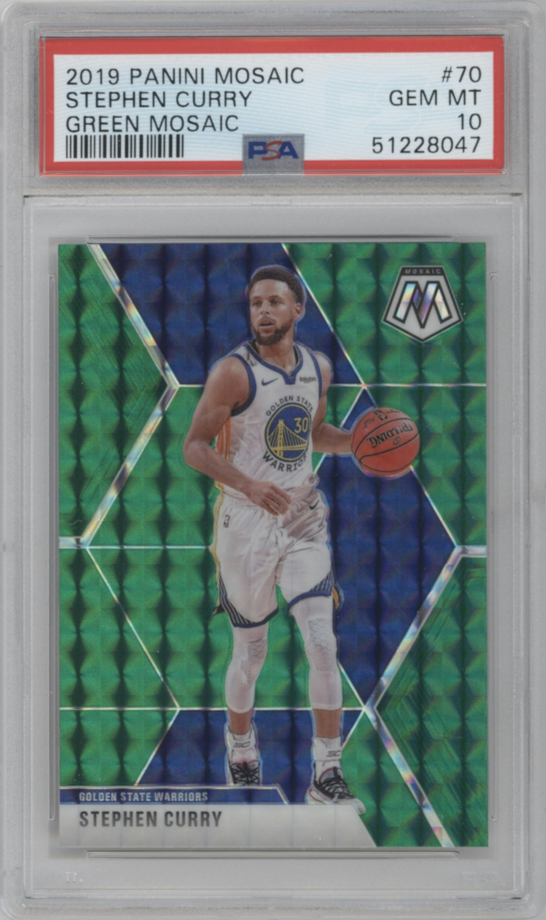 Stephen Curry from the 2019-20 Panini Mosaic  set featuring a Green Mosaic parallel graded by PSA and given an overall grade of 10.