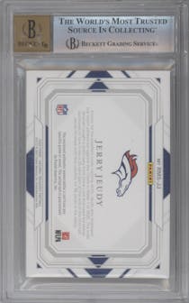 Jerry Jeudy from the 2020 Panini National Treasures set featuring a Red Laundry Tag parallel graded by Beckett and given an overall grade of 8.5.