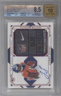 Jerry Jeudy from the 2020 Panini National Treasures set featuring a Red Laundry Tag parallel graded by Beckett and given an overall grade of 8.5.