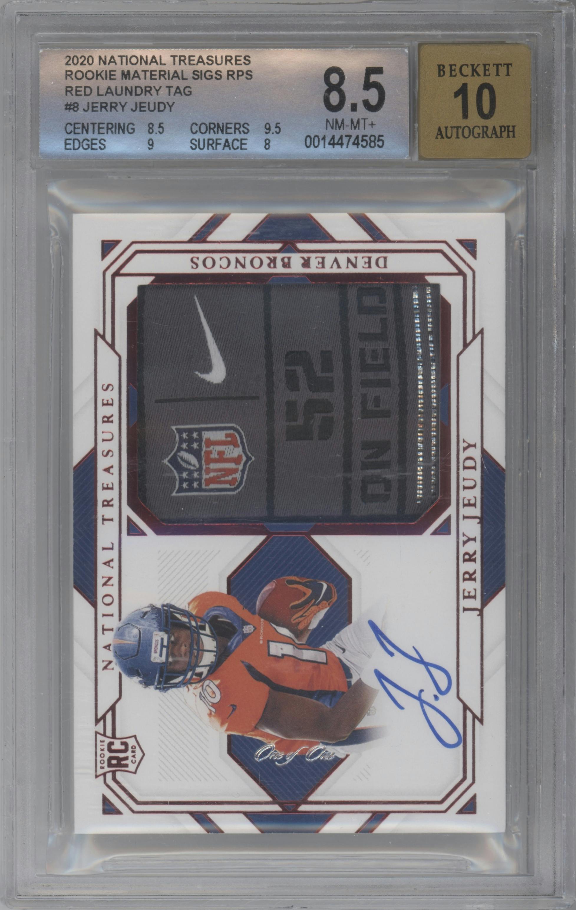 Jerry Jeudy from the 2020 Panini National Treasures set featuring a Red Laundry Tag parallel graded by Beckett and given an overall grade of 8.5.
