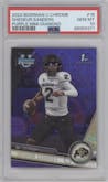 Shedeur Sanders from the 2023 Bowman Chrome University set featuring a Purple Mini-Diamond Refractor parallel graded by PSA and given an overall grade of 10.