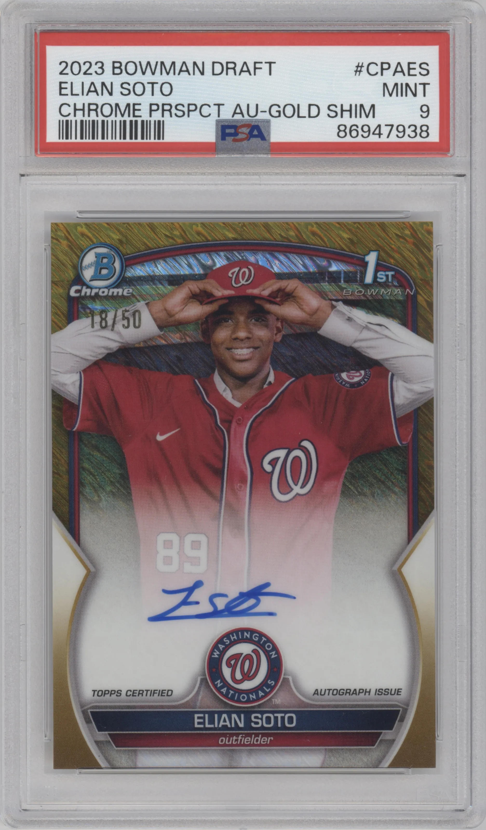 2023 Bowman Draft Chr.Pros.Auto Elian Soto Gold Shimmer Refractor PSA 9