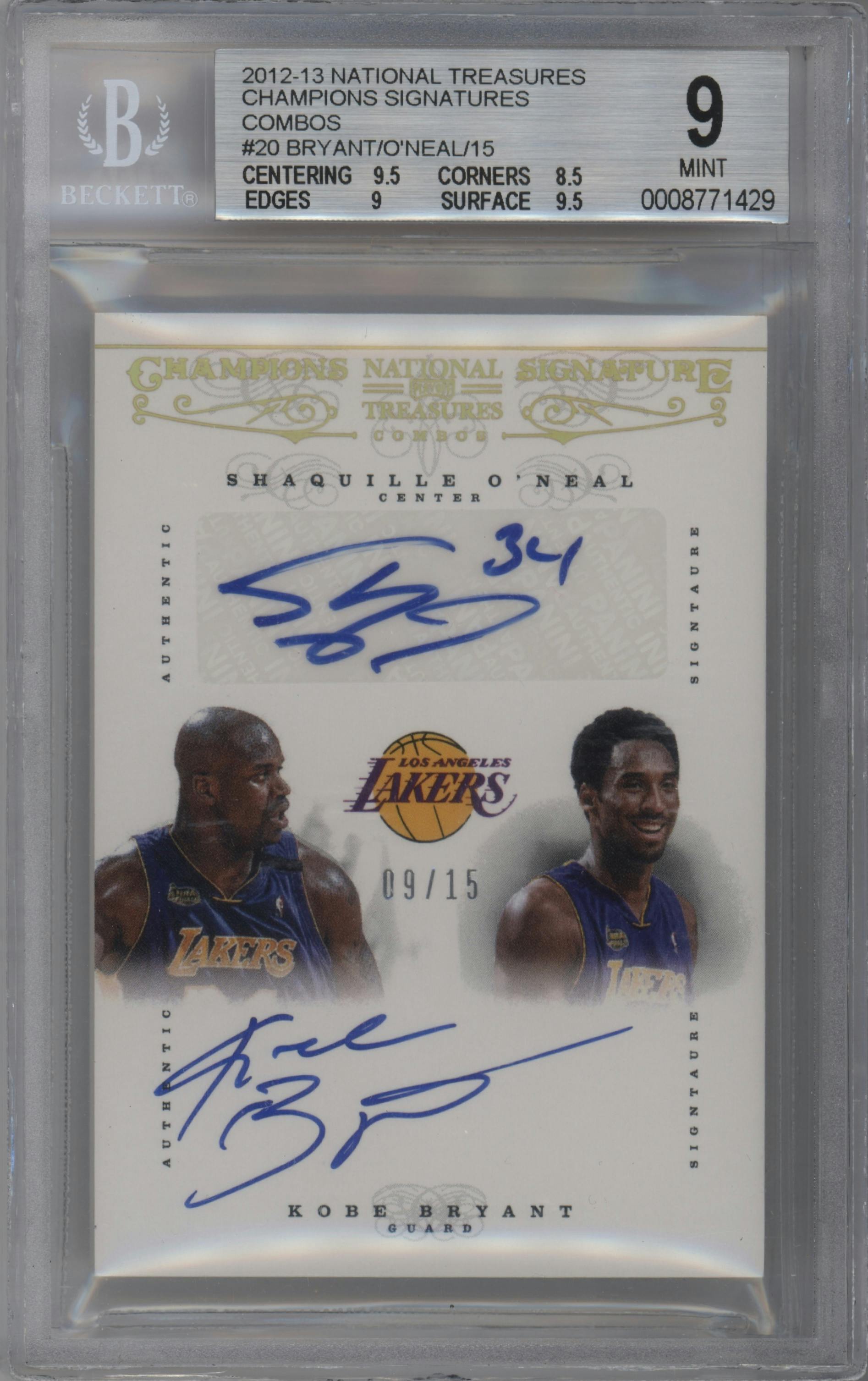 Shaquille O'Neal/Kobe Bryant from the 2012-13 Panini National Treasures set graded by Beckett and given an overall grade of 9.
