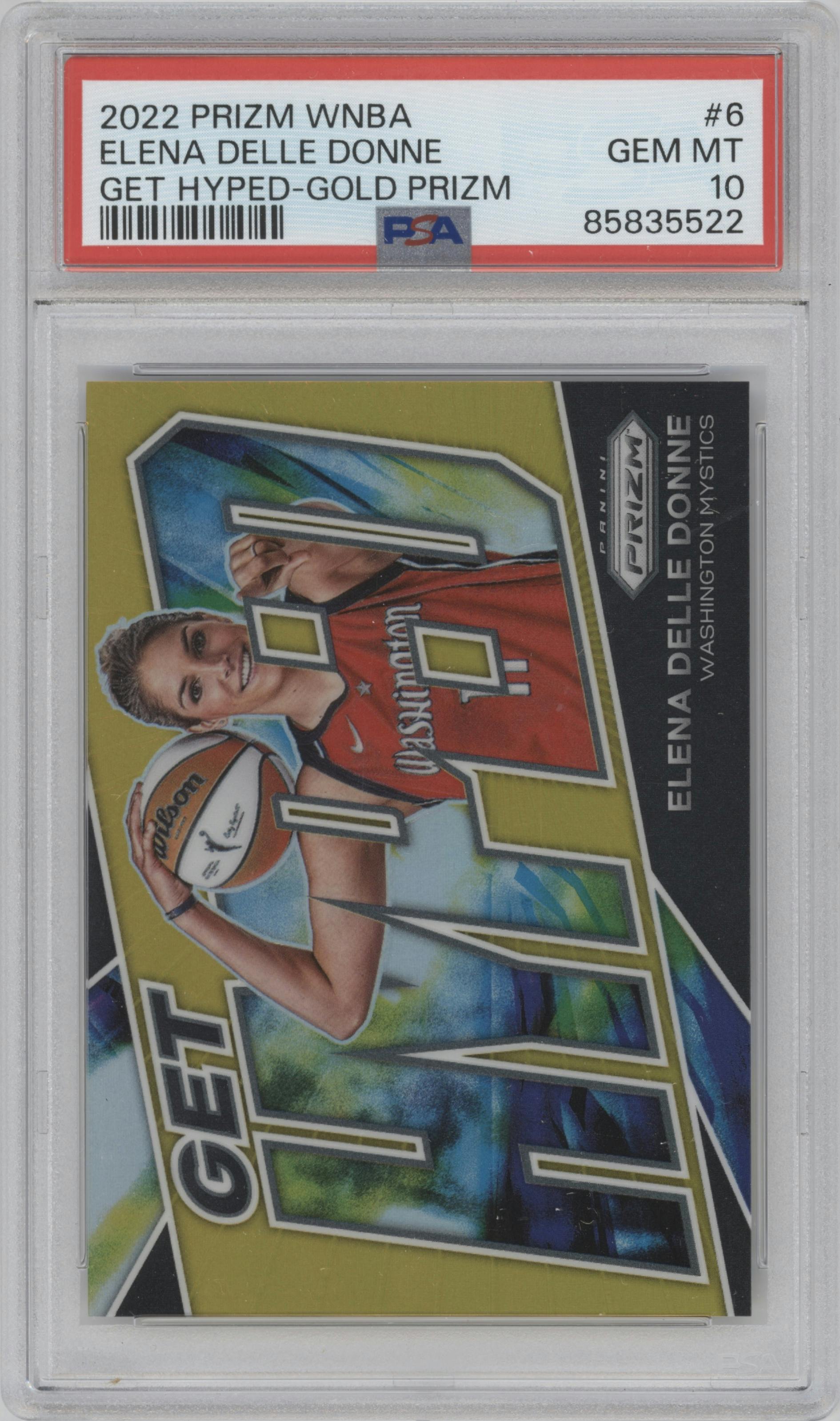 Elena Delle Donne from the 2022 Panini Prizm WNBA set featuring a Gold Prizm parallel graded by PSA and given an overall grade of 10.