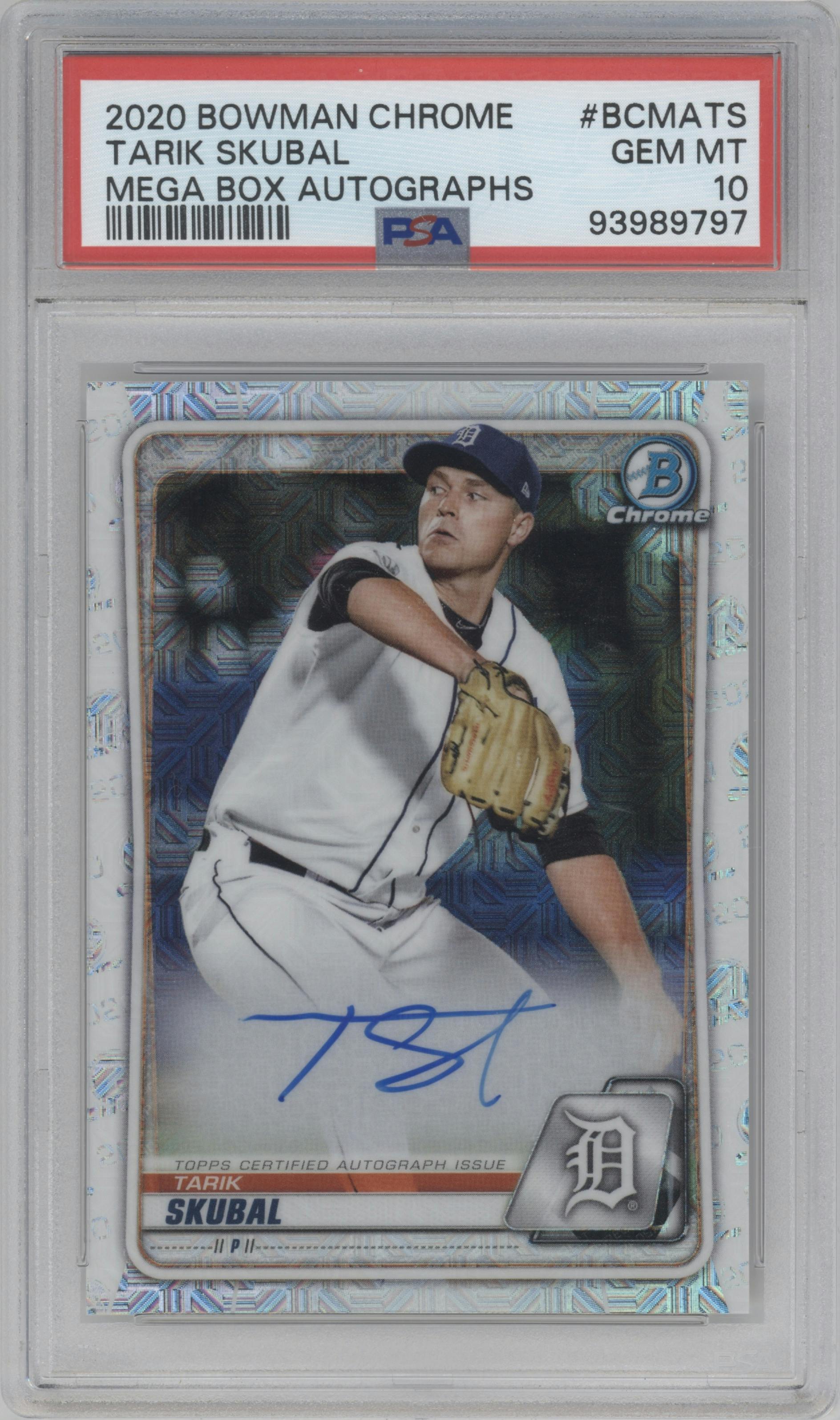Tarik Skubal from the 2020 Bowman Chrome Mega Box set graded by PSA and given an overall grade of 10.
