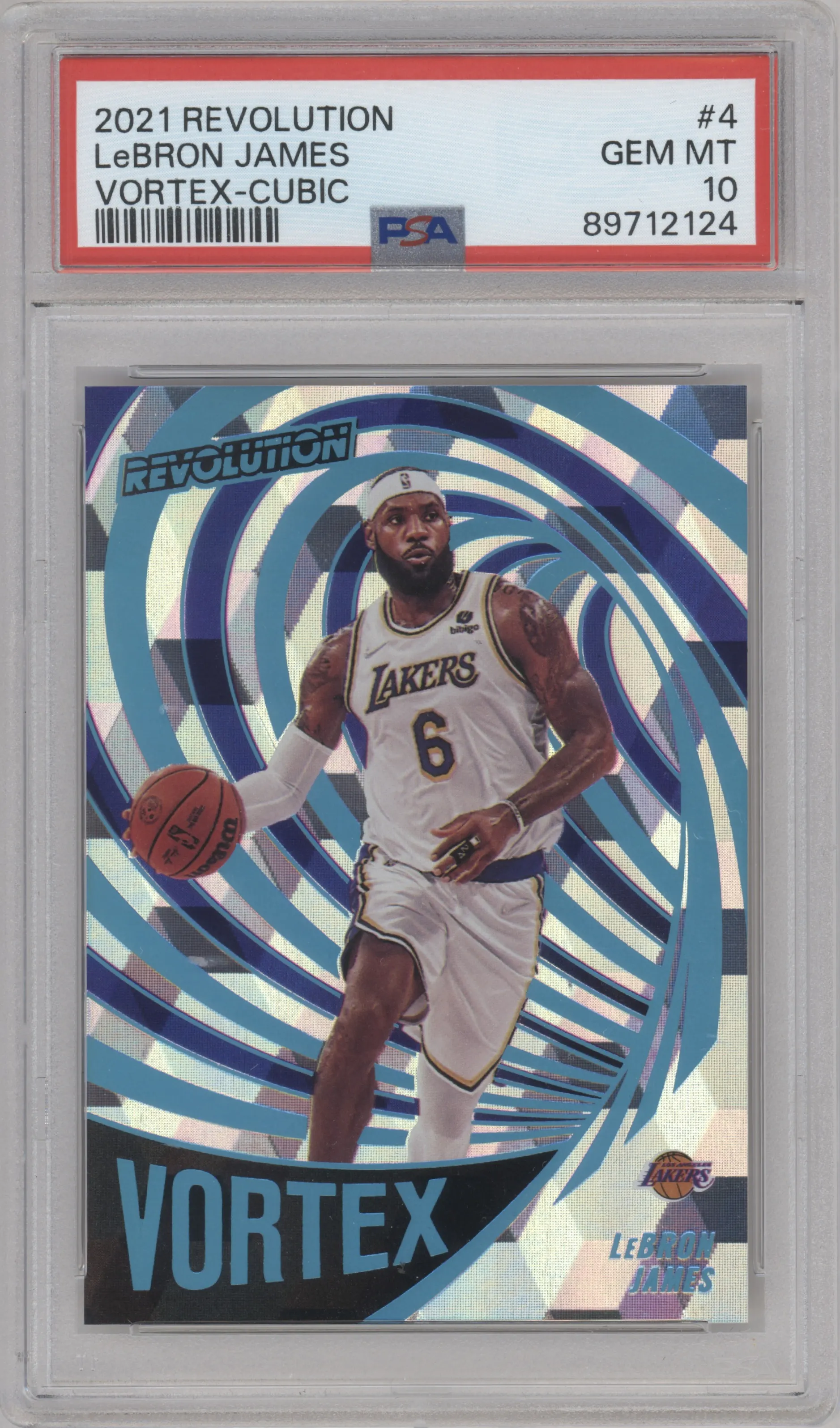 LeBron James from the 2021-22 Panini Revolution  set featuring a Cubic parallel graded by PSA and given an overall grade of 10.