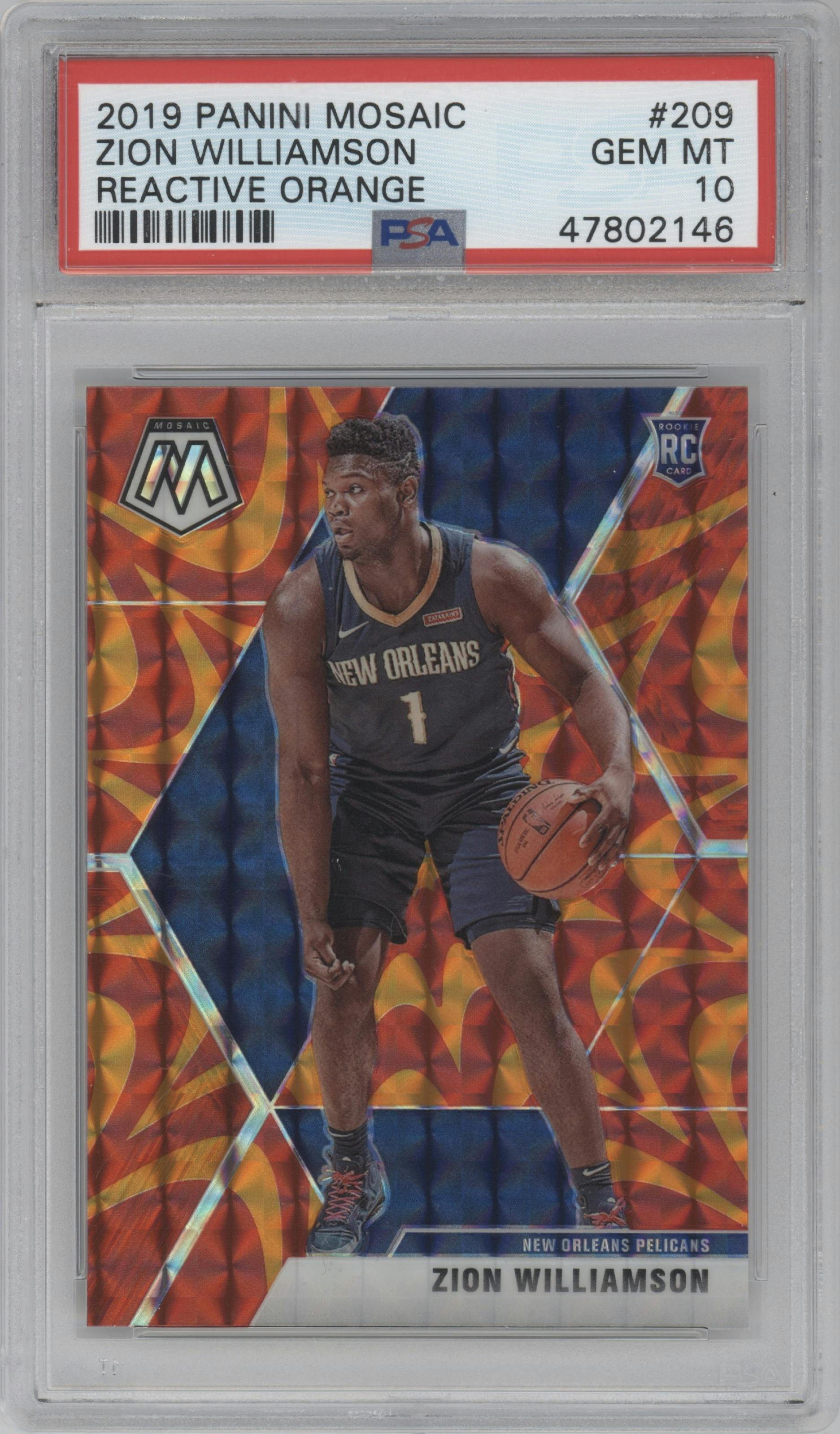 Zion Williamson  from the 2019-20 Panini Mosaic  set featuring a Reactive Orange parallel graded by PSA and given an overall grade of 10.