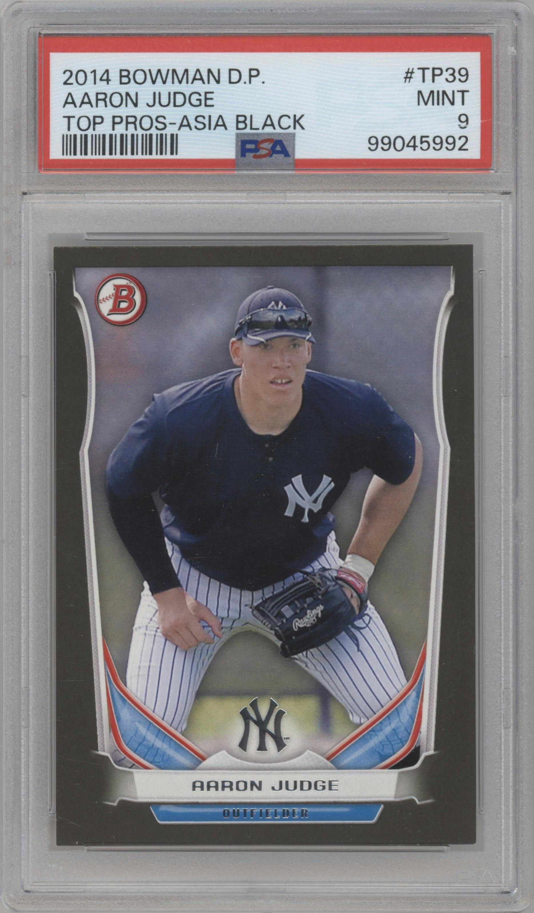 Aaron Judge from the 2014 Bowman Draft  set featuring a Black parallel graded by PSA and given an overall grade of 9.