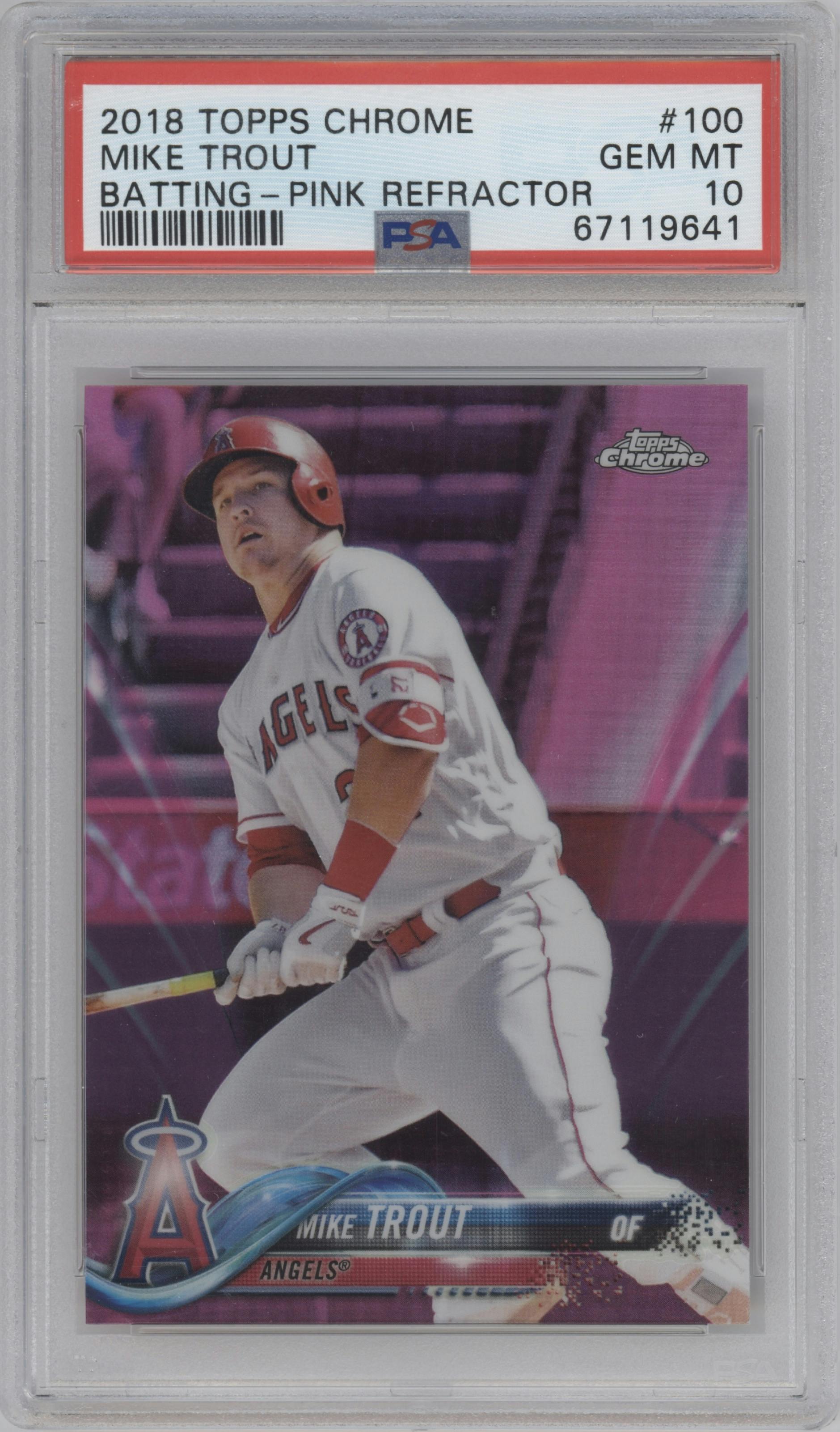 Mike Trout from the 2018 Topps Chrome set featuring a Pink Refractor parallel graded by PSA and given an overall grade of 10.