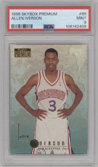 Allen Iverson from the 1996-97 Skybox Premium set graded by PSA and given an overall grade of 9.