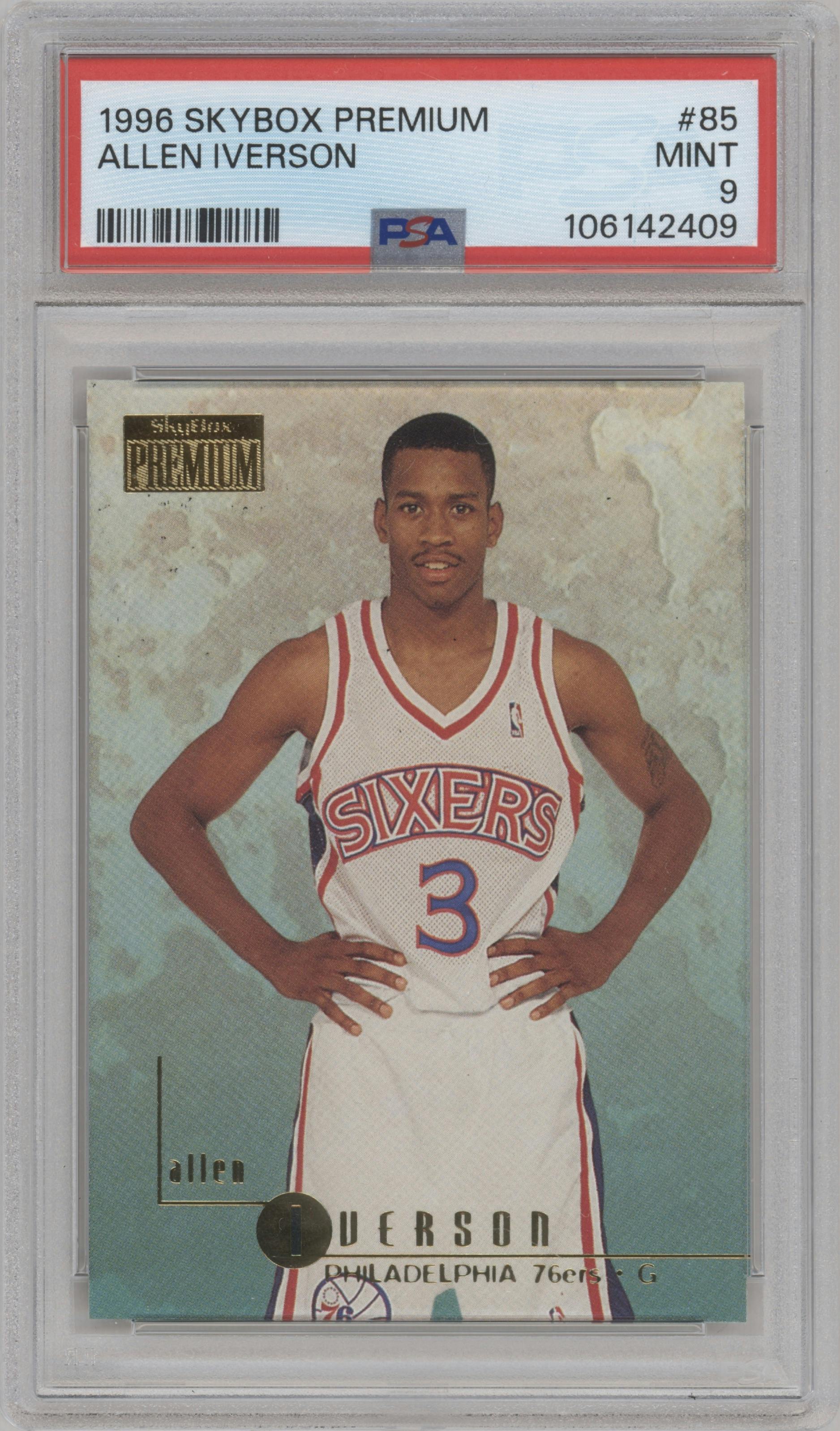 Allen Iverson from the 1996-97 Skybox Premium set graded by PSA and given an overall grade of 9.