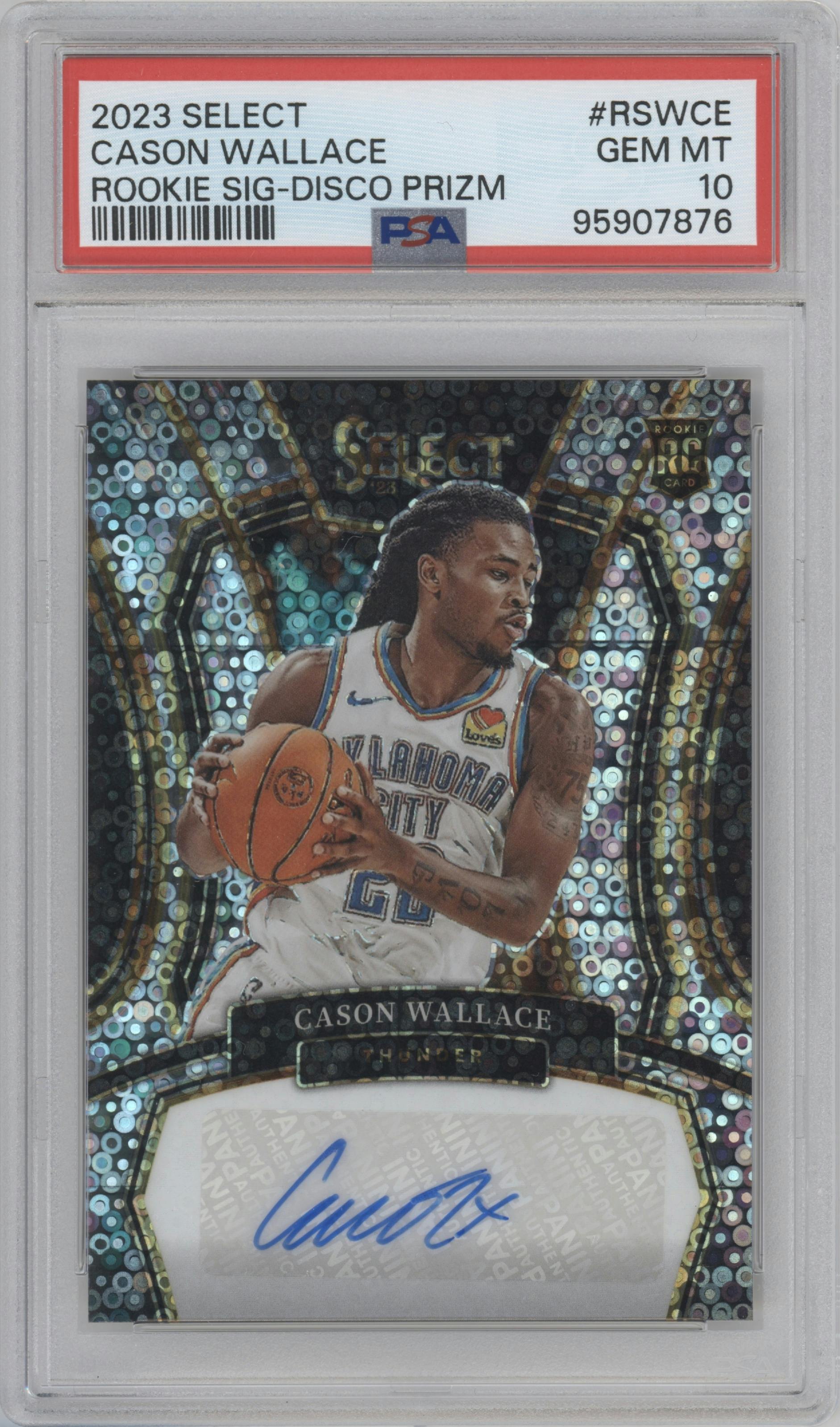 Cason Wallace from the 2023-24 Panini Select  set featuring a Disco parallel graded by PSA and given an overall grade of 10.
