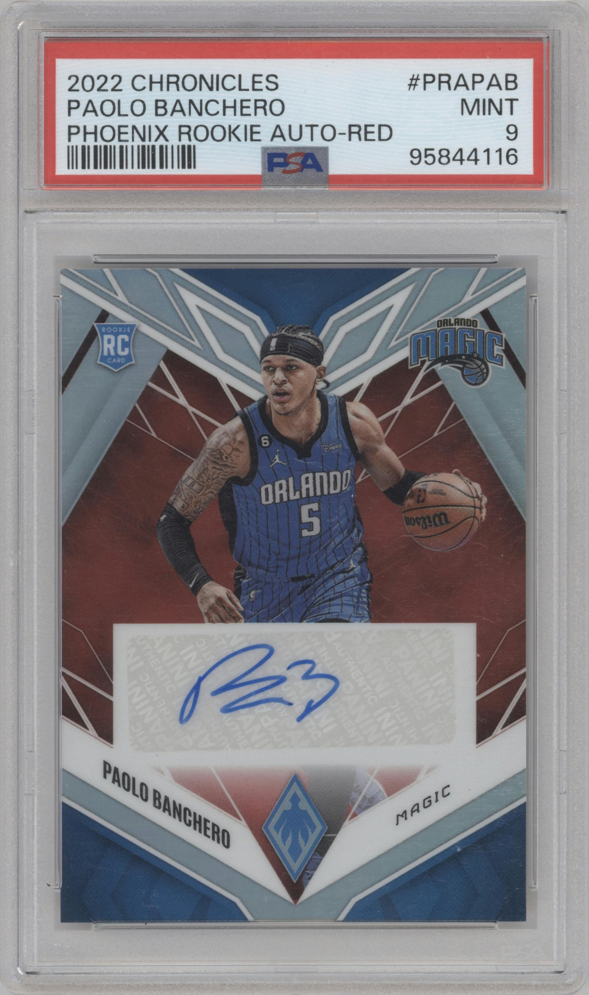 Paolo Banchero from the 2022-23 Panini Chronicles  set featuring a Red parallel graded by PSA and given an overall grade of 9.