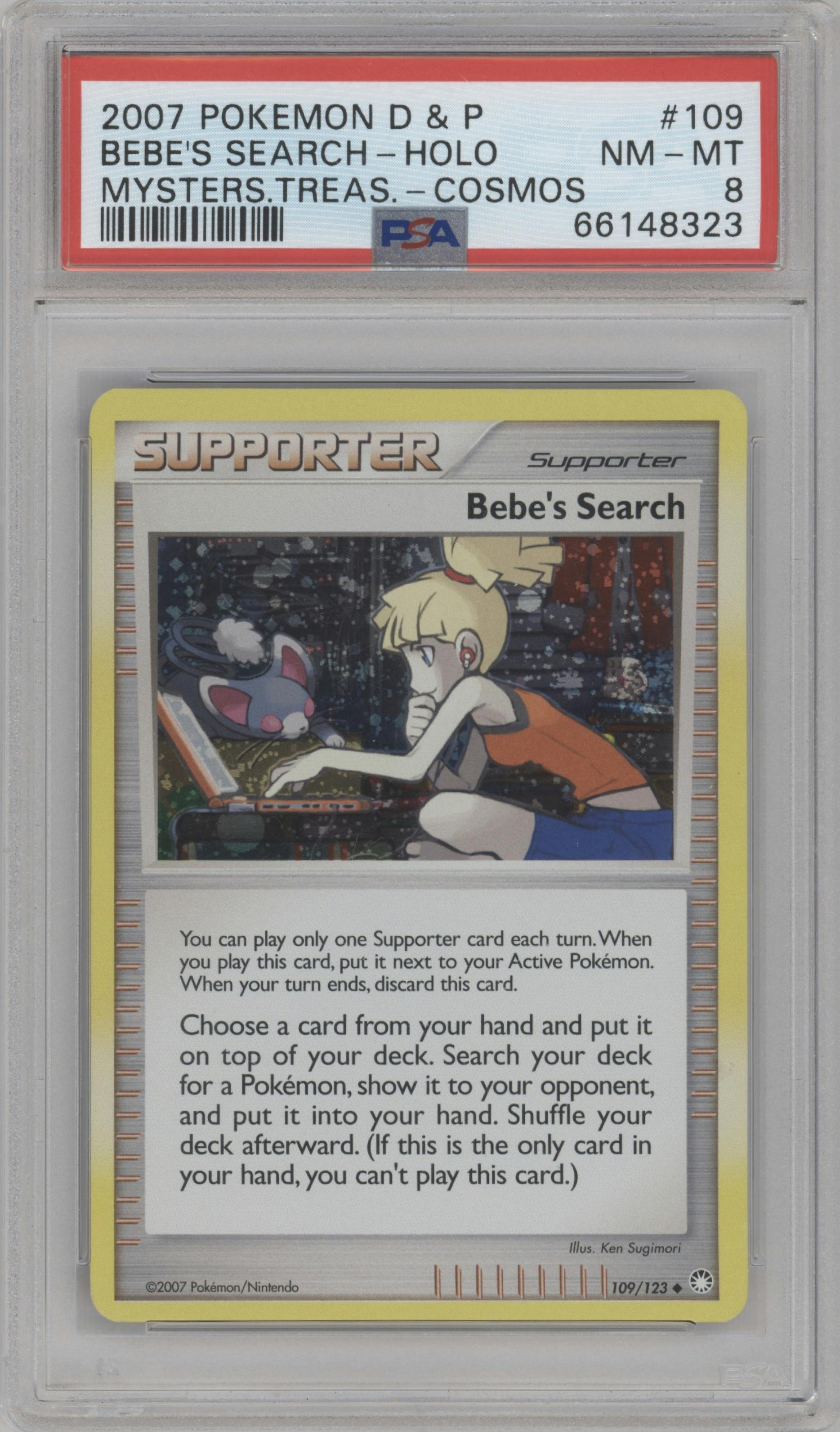 Bebe's Search from the 2007 Pokemon D&P set featuring a Cosmos parallel graded by PSA and given an overall grade of 8.