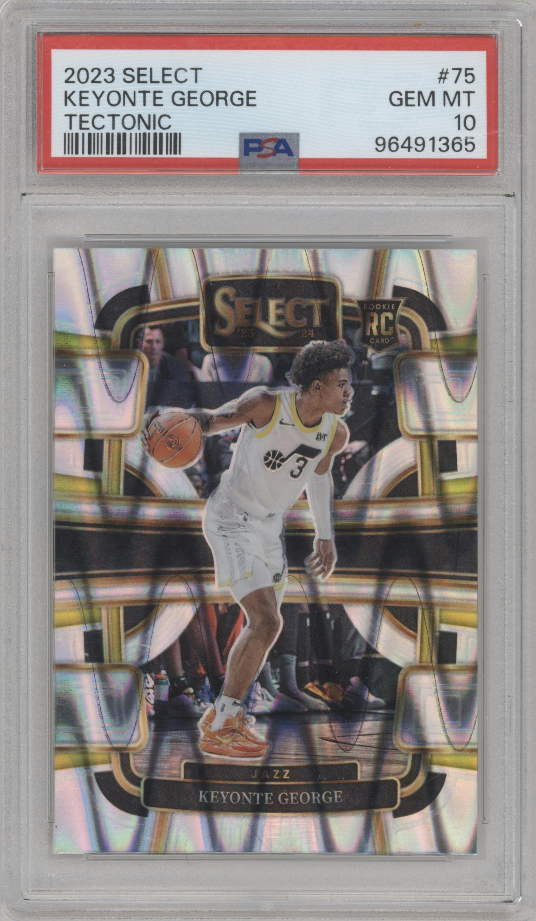 Keyonte George from the 2023-24 Panini Select  set featuring a Tectonic parallel graded by PSA and given an overall grade of 10.