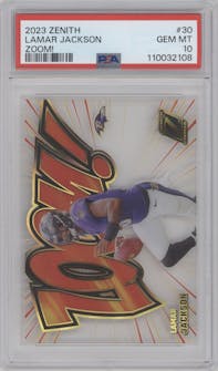 Lamar Jackson from the 2023 Panini Zenith set graded by PSA and given an overall grade of 10.
