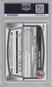 Roki Sasaki from the 2023 Bowman Chrome set featuring a Gold Refractor parallel graded by PSA and given an overall grade of 10.