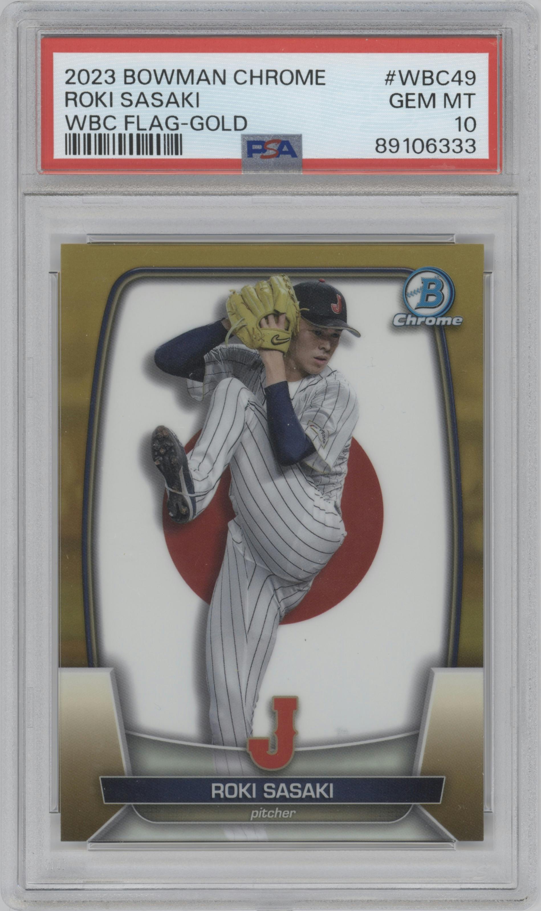 Roki Sasaki from the 2023 Bowman Chrome set featuring a Gold Refractor parallel graded by PSA and given an overall grade of 10.