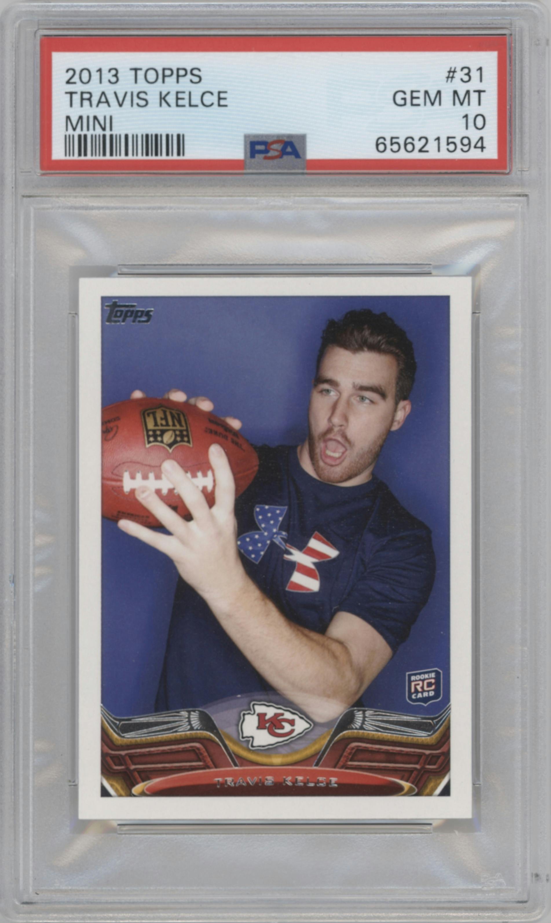 Travis Kelce from the 2013 Topps Mini set graded by PSA and given an overall grade of 10.