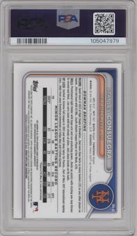 Stanley Consuegra from the 2024 Bowman set featuring a Yellow Refractor parallel graded by PSA and given an overall grade of 9.