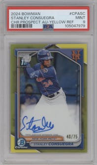 Stanley Consuegra from the 2024 Bowman set featuring a Yellow Refractor parallel graded by PSA and given an overall grade of 9.