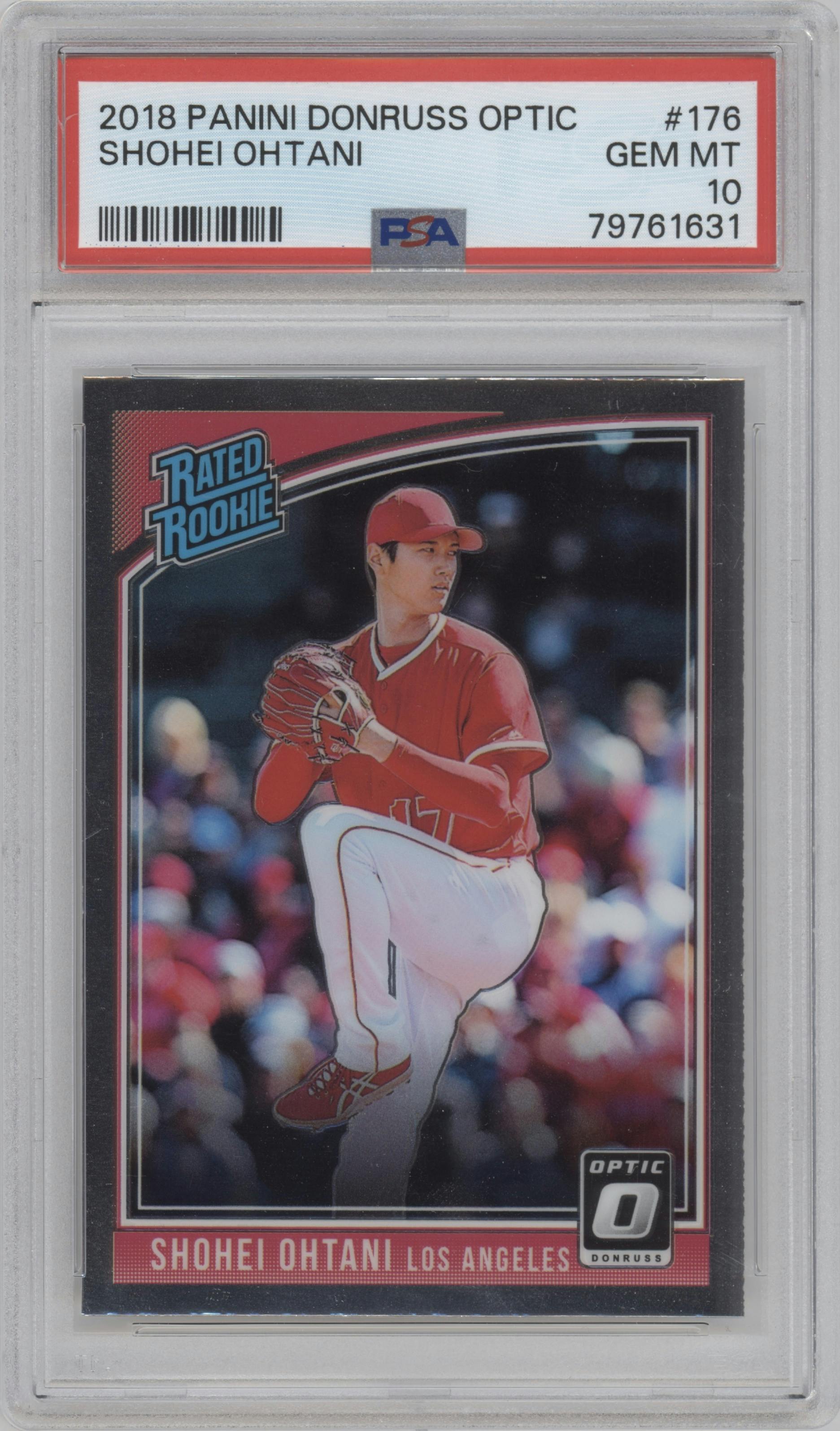 Shohei Ohtani from the 2018 Panini Donruss Optic set graded by PSA and given an overall grade of 10.