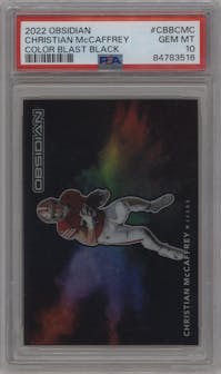 Christian McCaffrey from the 2022 Panini Obsidian set graded by PSA and given an overall grade of 10.
