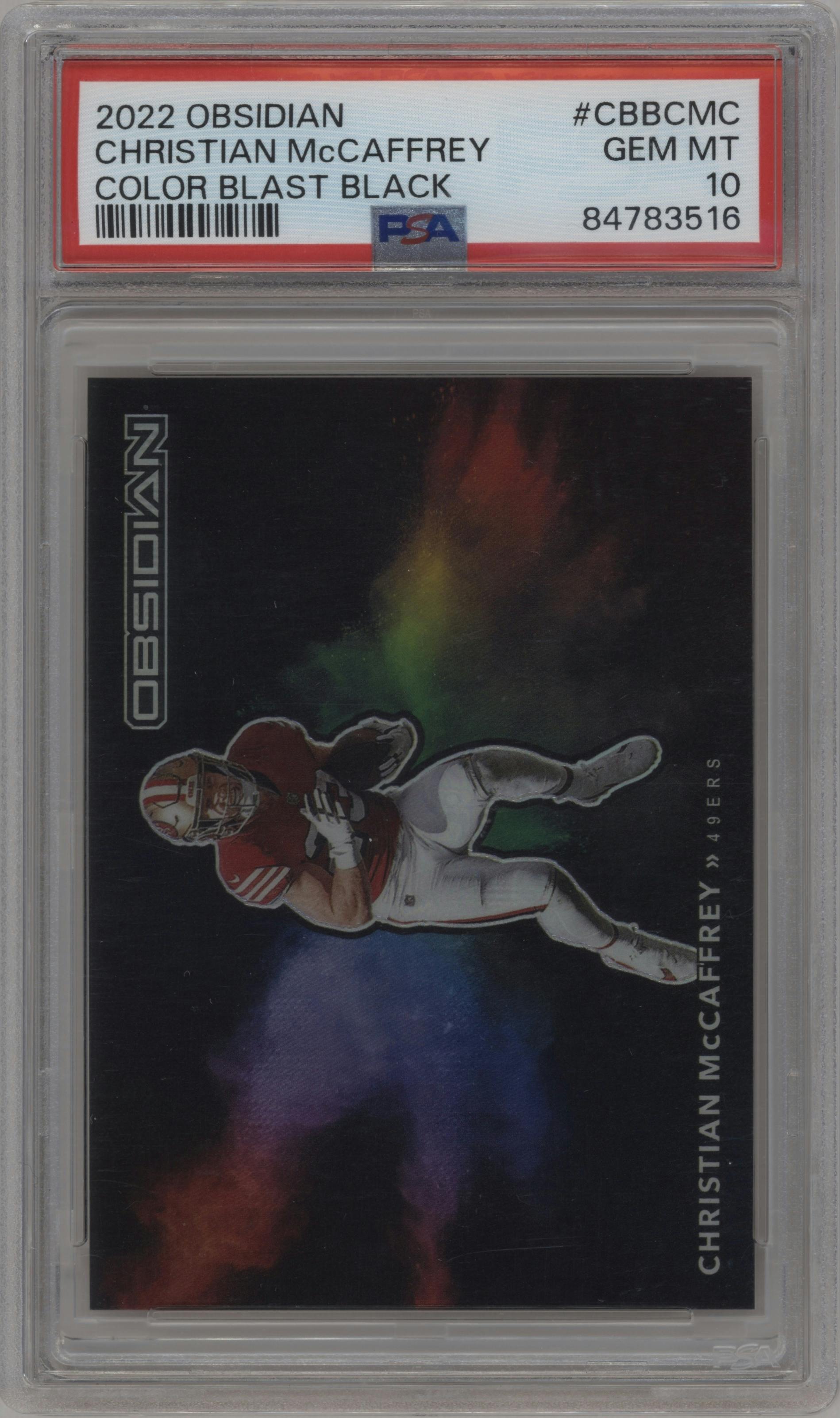 Christian McCaffrey from the 2022 Panini Obsidian set graded by PSA and given an overall grade of 10.