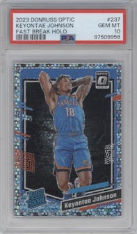 Keyontae Johnson from the 2023-24 Donruss Optic set featuring a Fast Break Holo parallel graded by PSA and given an overall grade of 10.
