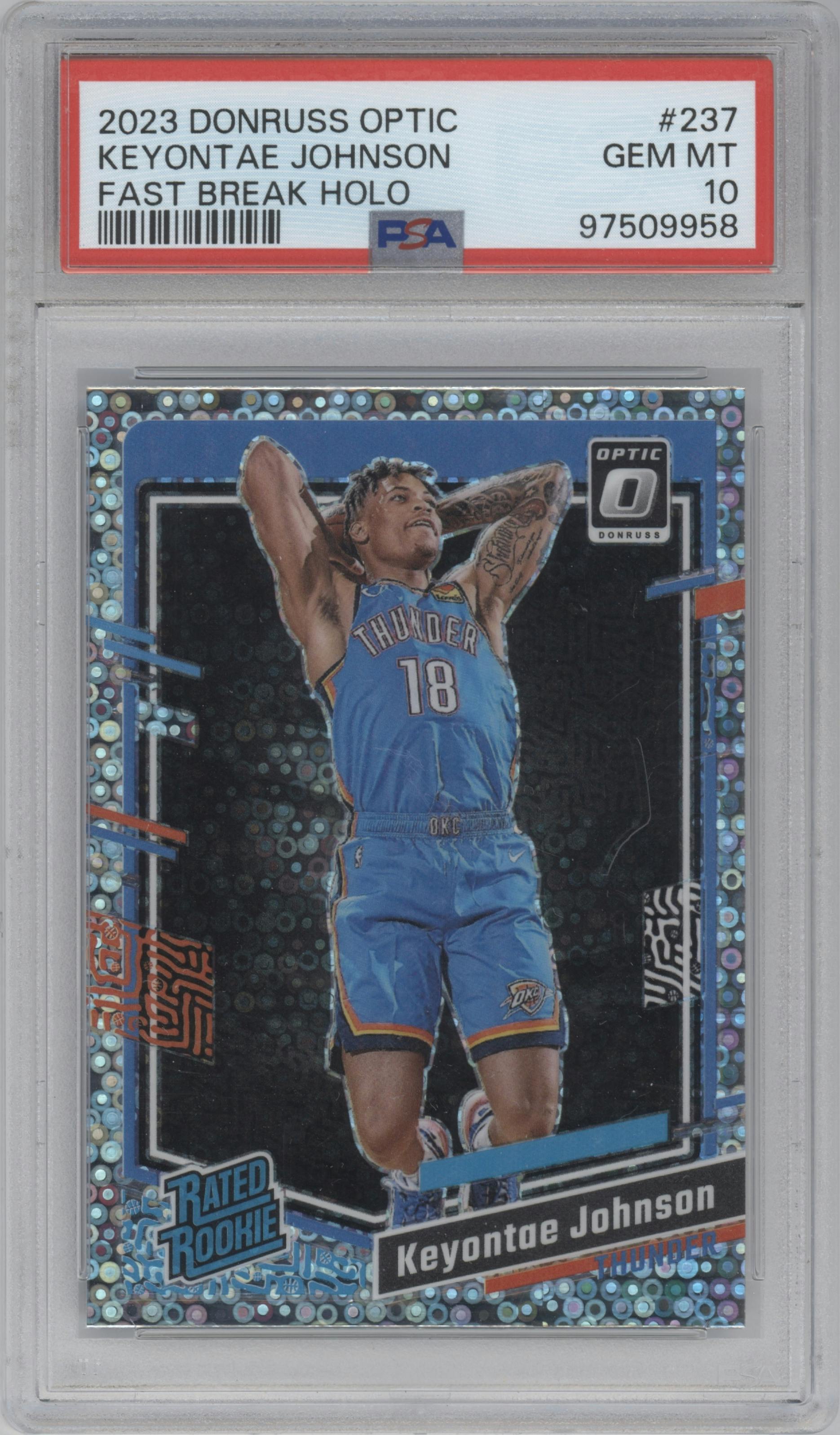 Keyontae Johnson from the 2023-24 Donruss Optic set featuring a Fast Break Holo parallel graded by PSA and given an overall grade of 10.