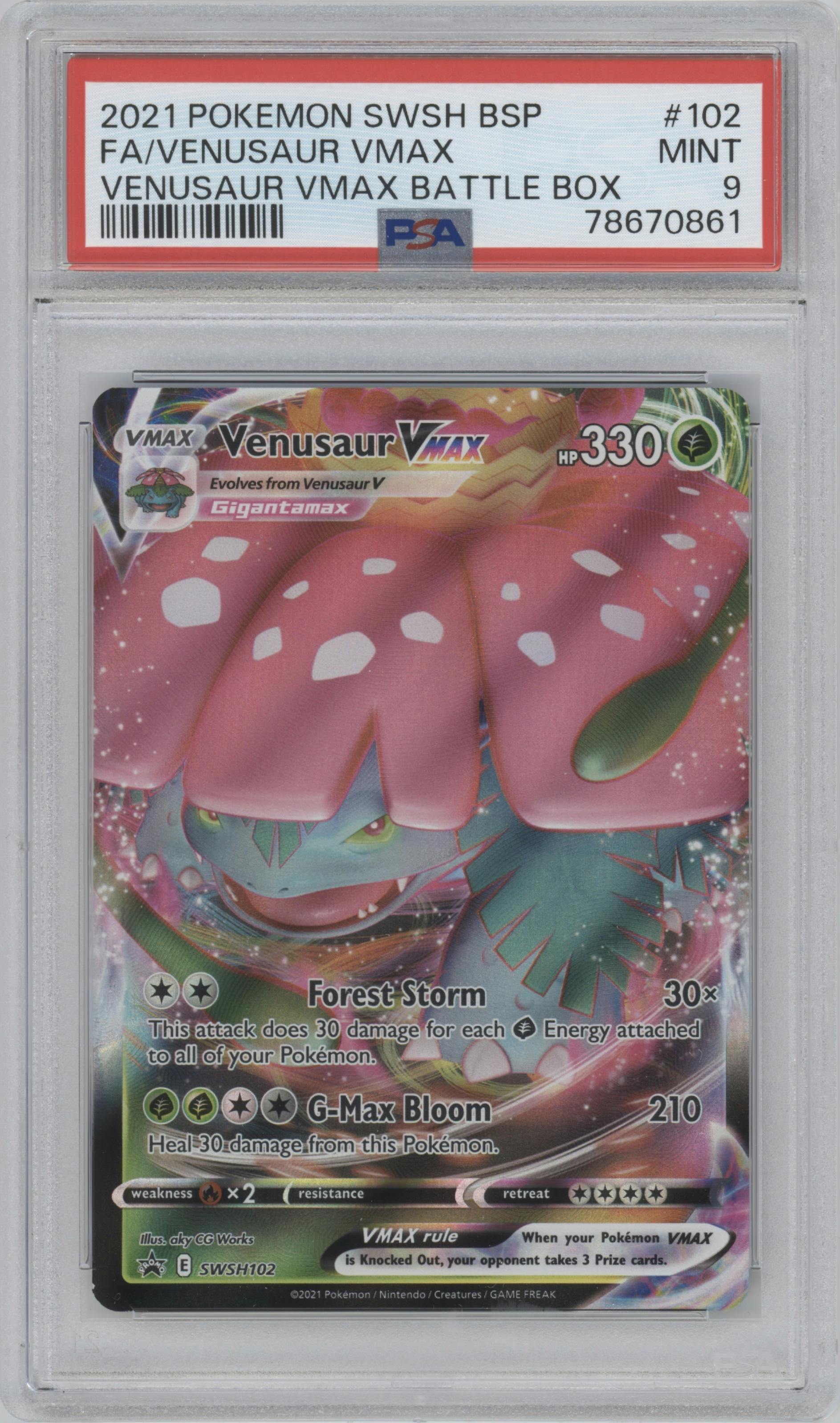 Venusaur VMAX from the 2021 Pokemon SWSH set featuring a Venusaur VMAX Battle Box parallel graded by PSA and given an overall grade of 9.